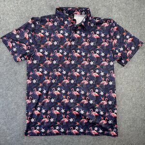 Golf Gods Polo Shirt Mens Medium Flamingo Tropical Print Golf Performance Navy